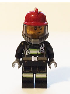 LEGO Minifigure-Fire - Reflective Stripes with Utility Belt, Dark Red Fire Helmet, Breathing Neck Gear with Airtanks, Crooked Smile and Scar-Town / City / Fire-CTY524-Creative Brick Builders